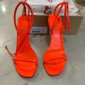 Christian Louboutin So Me 100 Fluo Orange Patent Ankle Strap Sandal Heel Pump